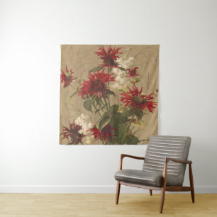 Sophisticated Red & Burgundy Floral Against Beige Tapestry