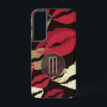 Sophisticated Red Lips Monogram Samsung Galaxy Case<br><div class="desc">Beautiful and glamourous for her, this phone case features a background pattern of red and gold lip images on dramatic black. Your monogram is at the lower centre in light gold, placed on a semi transparent circle banner that is also lined in thin gold.</div>