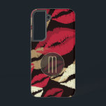 Sophisticated Red Lips Monogram Samsung Galaxy Case<br><div class="desc">Beautiful and glamourous for her,  this phone case features a background pattern of red and gold lip images on dramatic black. Your monogram is at the lower centre in light gold,  placed on a semi transparent circle banner that is also lined in thin gold.</div>
