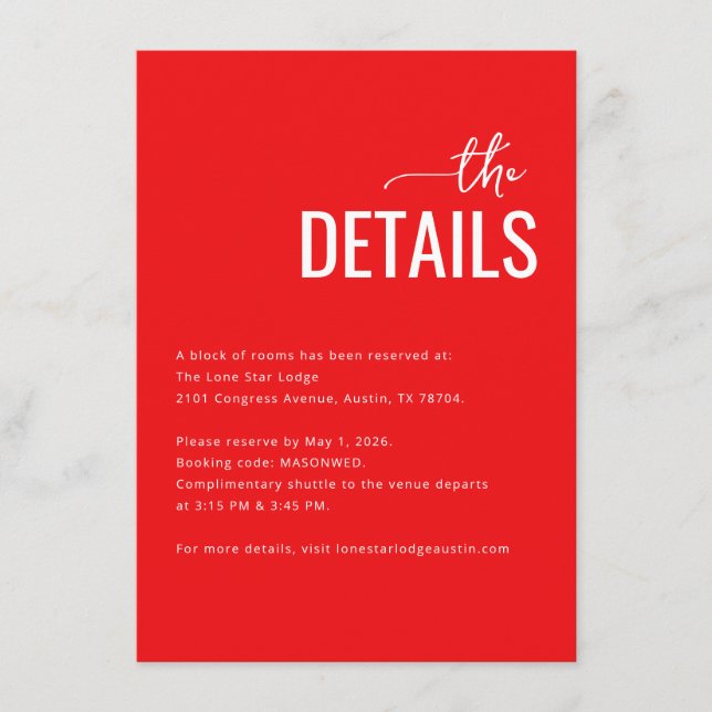 Sophisticated Red Minimalist Wedding Details Card (Front)