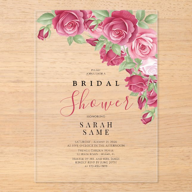 Sophisticated Rose Bridal Shower Acrylic Invitations (Front)
