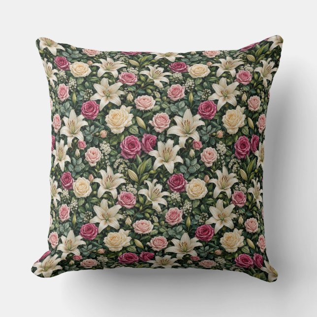 Sophisticated Rose Lily Greenery Bouquet Cushion (Front)