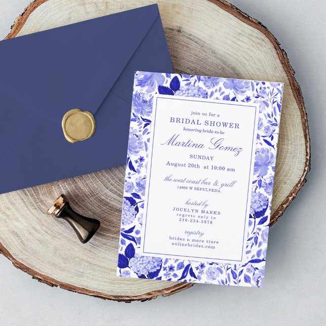 Sophisticated Royal Blue Floral Bridal Shower Invitation (Creator Uploaded)