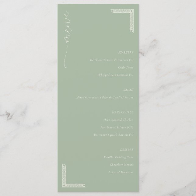 Sophisticated Sage Green Minimalist Wedding Menu (Front)