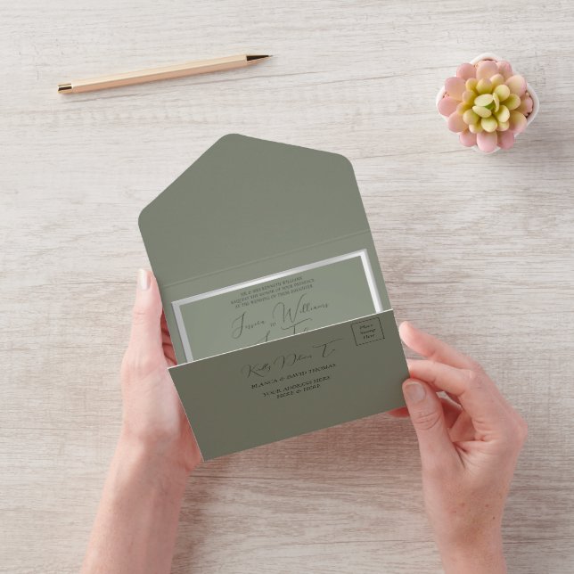 Sophisticated Sage & Silver Wedding All In One Invitation (Video)