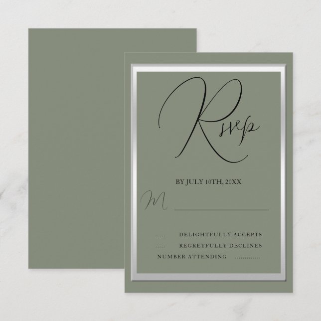 Sophisticated Sage & Silver Wedding RSVP Card (Front/Back)