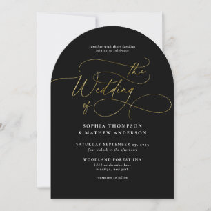 Sophisticated Script Black Gold Arch Wedding Invitation