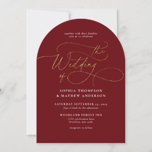 Sophisticated Script Burgundy Gold Arch Wedding Invitation