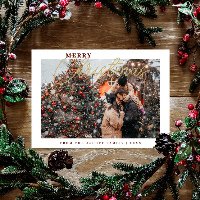 Sophisticated Simple Classic Calligraphy Photo Holiday Card (Sophisticated Simple Classic Calligraphy Photo Merry Christmas in Fake Gold and Dark Red.)