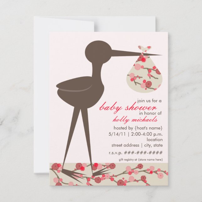 Sophisticated Stork Cherry Blossom Baby Shower Invitation (Front)