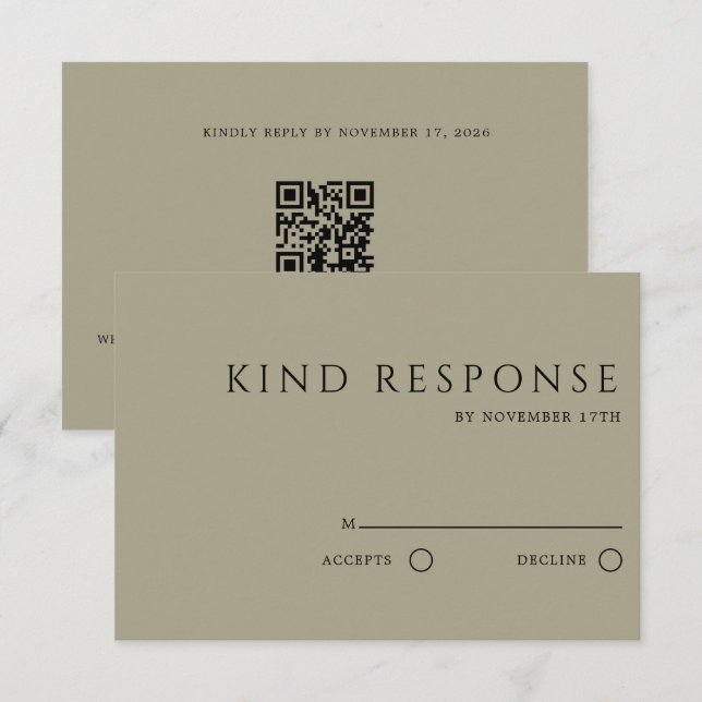 Sophisticated Taupe QR Code Elegant Wedding RSVP Card (Front/Back)