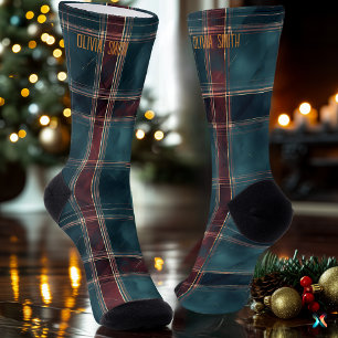 Sophisticated Teal and Burgundy Christmas Plaid Socks
