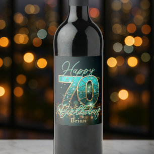 Sophisticated Teal and Gold Metallic 70th Birthday Wine Label