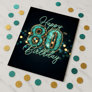 Sophisticated Teal and Gold Metallic 80th Birthday Postcard