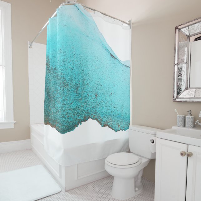 Sophisticated Teal Black White Abstract Shower Curtain (In Situ)