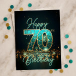 Sophisticated Teal Gold 70th Birthday Glow Postcard<br><div class="desc">This postcard makes any 70th birthday truly special. "Happy Birthday" in elegant teal script gracefully floats over a deep twilight background, setting the stage for the magnificent "70th" centerpiece. This textured number, shimmering in teal with a luxurious gold outline, captures attention instantly. Sparkling bokeh lights rise from below, adding a...</div>