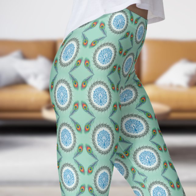 Sophisticated Teal Green Peacock Feathers Pattern Leggings (Peacock over Light Teal with Feathers Leggings)