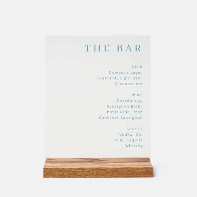 Sophisticated Teal Minimalist Bar Menu Acrylic Sign (Front)