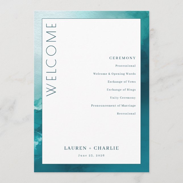 Sophisticated Teal Watercolor Ceremony Schedule Programme (Front)