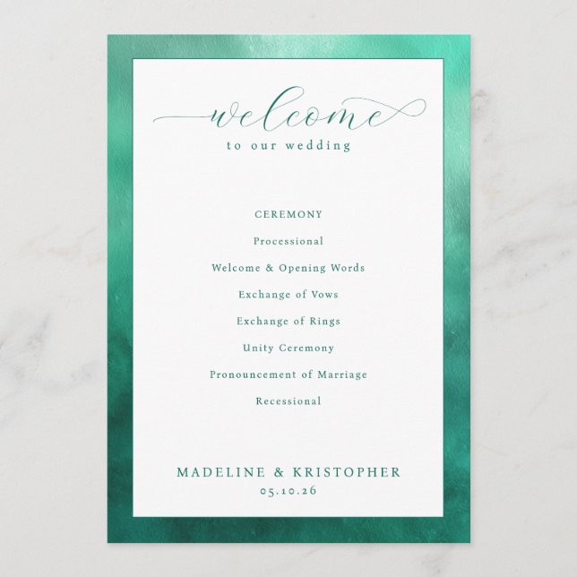 Sophisticated Teal Wedding Ceremony Programme (Front)