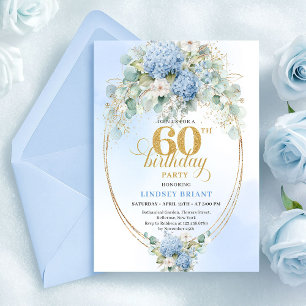 Sophisticated Watercolor Blue Floral 60th Birthday Invitation