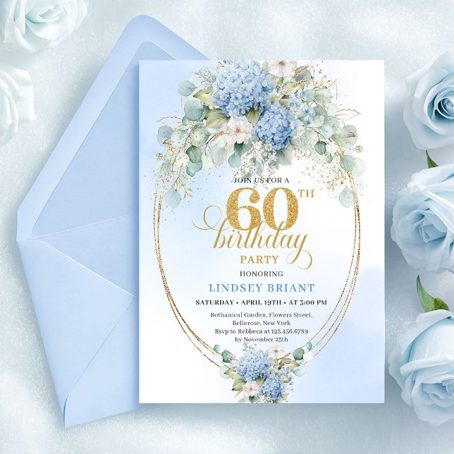 Sophisticated Watercolor Blue Floral 60th Birthday Invitation (Sophisticated Watercolor Blue Floral 60th Birthday)