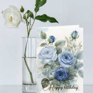 Sophisticated Watercolor Blue Roses Happy Birthday Card