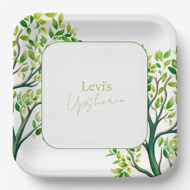 Sophisticated watercolor tree Upsherin Upshernish Paper Plate (Front)
