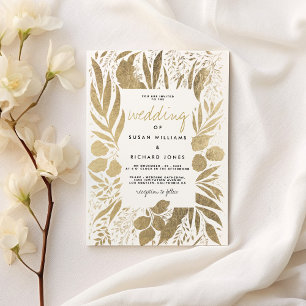 Sophisticated white gold foliage floral wedding invitation