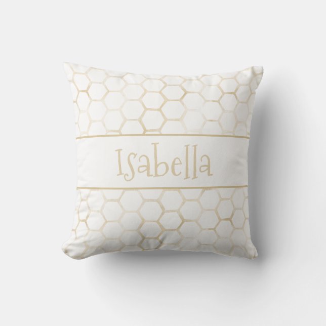 Sophisticated White Gold Hexagon Beehive Pattern Cushion (Front)