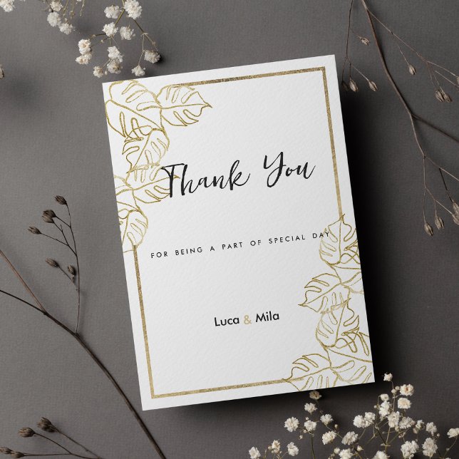 Sophisticated white gold tropical leaf Thank You  Invitation (Sophisticated white gold tropical leaf Thank You)