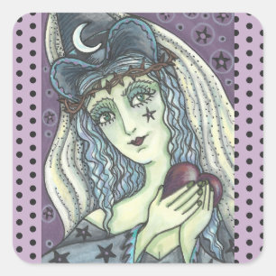 SORCERESS, GOTH WITCH HEART STICKERS Square SHEET