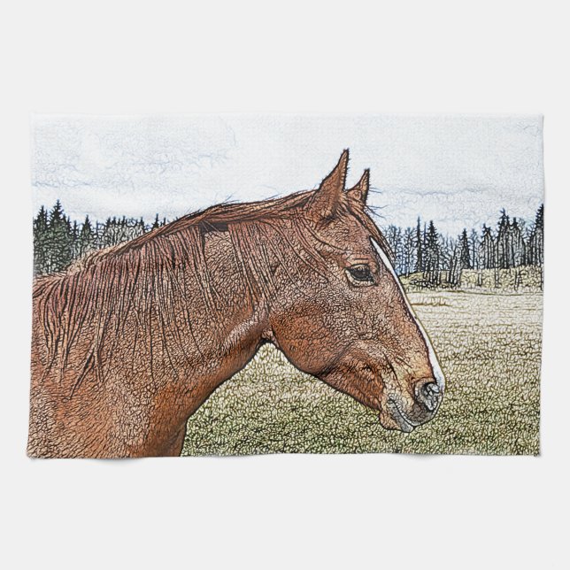 Sorrel Horse Portrait Equine Art Illustration Tea Towel (Horizontal)