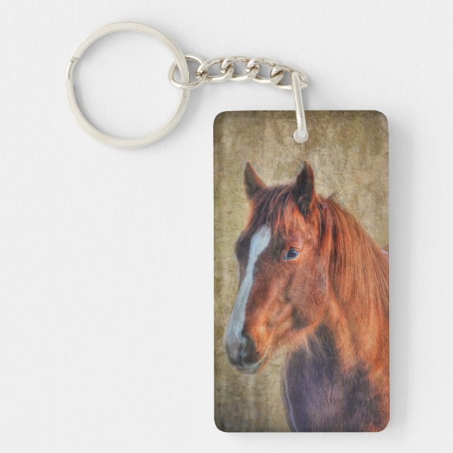 Sorrel Horse Portrait on Rustic Grunge-effect Key Ring (Front)
