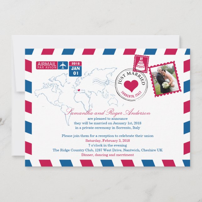 Sorrento Italy Airmail Post Wedding Reception Invitation (Front)