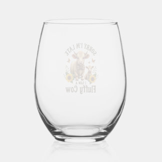 Sorry Im Late I Saw A Fluffy Cow Vintage Highland  Stemless Wine Glass