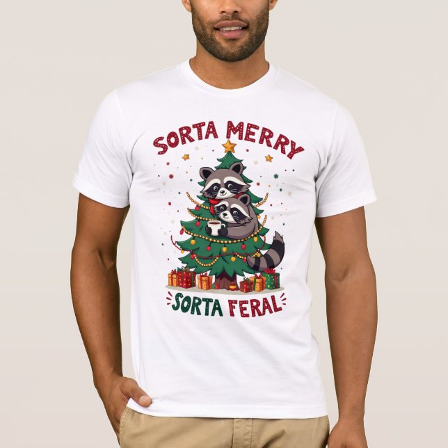Sorta Merry Sorta Feral Racoon Christmas T-Shirt, T-Shirt (Front)