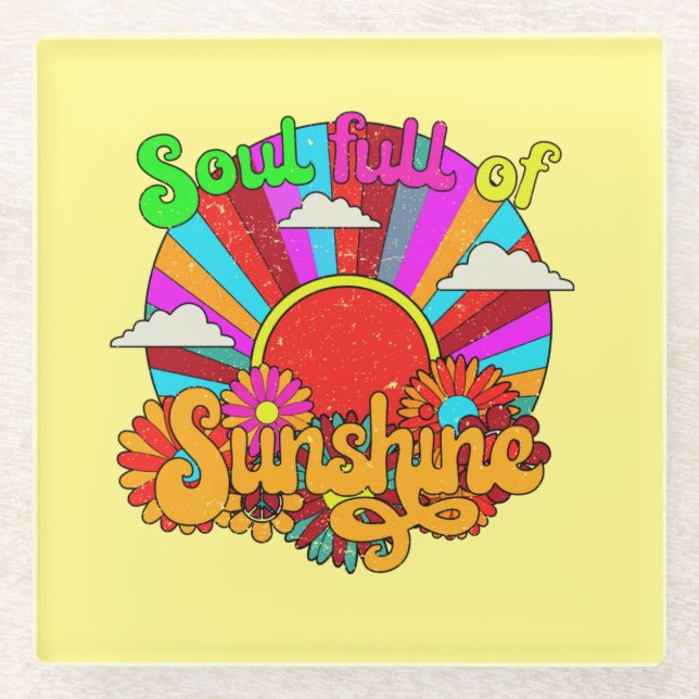 Soul Full Of Sunshine - colourful retro sun Glass Coaster (Front)