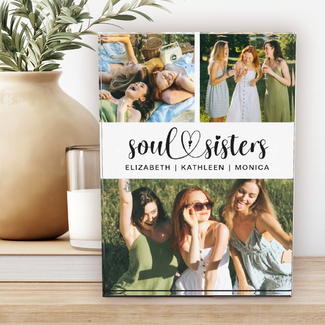 Soul Sisters Friends Script Photo Collage Block (A pretty soul sisters photo keepsake block. Personalize with your photos and names.)