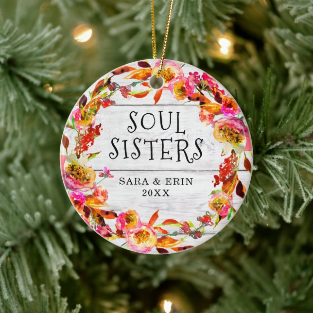 Soul Sisters Personalised Floral Wreath Shiplap Ceramic Tree Decoration (Tree)