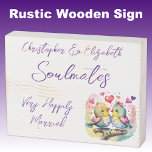 Soulmates happily married cute birds purple wooden box sign<br><div class="desc">Soulmates Rustic wooden distressed white box sign with purple text.
Very happily married wedding anniversary gift idea for your wife.
Featuring cute birds and love hearts.</div>