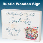 Soulmates happily married cute cats blue wooden box sign<br><div class="desc">Soulmates Rustic wooden distressed white box sign with blue text.
Very happily married wedding anniversary gift idea for your husband.
Featuring cute cats and love hearts.</div>