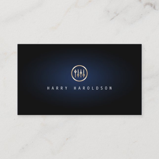 Sound Engineer Gold Volume Sliders Icon Blue Glow Business Card (Front)