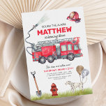 Sound the Alarm Fire Truck Birthday Invitation<br><div class="desc">Sound the Alarm Fire Truck Birthday Invitation Get ready to Sound the Alarm and celebrate your little firefighter's big day with these Fire Truck Birthday Invitations! These vibrant, red-themed invitations are perfect for any boy's birthday party. Featuring a heroic dalmatian dog firefighter and a blazing fire truck, they set the...</div>