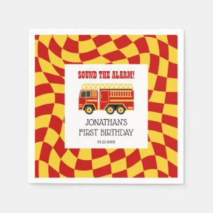 Sound The Alarm Fire Truck Chequered Birthday Napkin