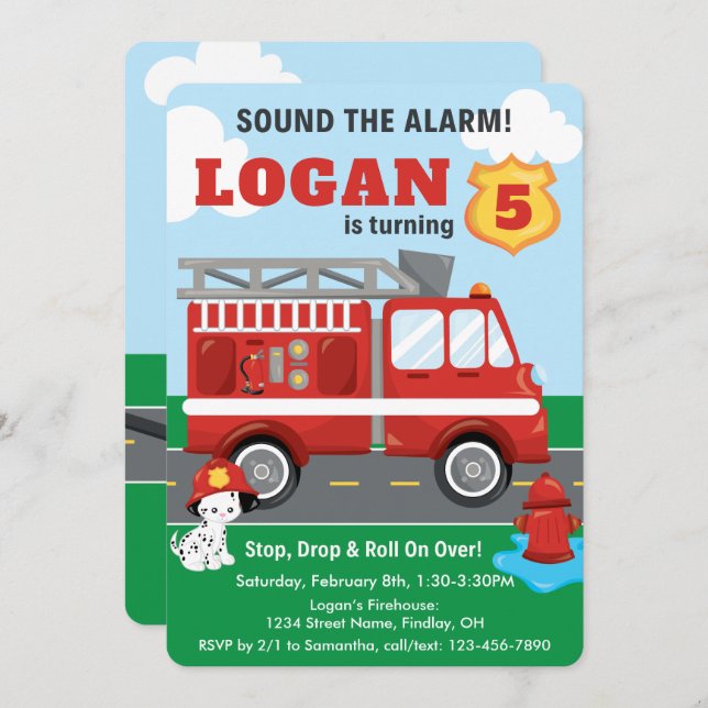 Sound the Alarm Fire Truck Dalmatian Dog Birthday Invitation (Front/Back)
