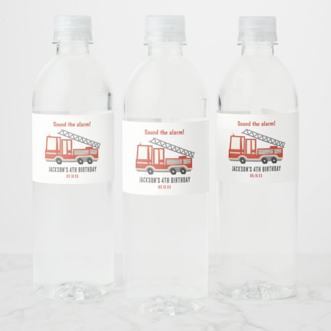 Sound The Alarm Firetruck Birthday Party Water Bottle Label (Bottles)