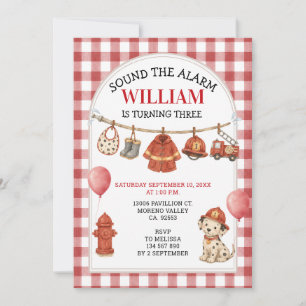 Sound the Alarm Gingham Firefighter Third Birthday Invitation