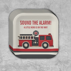 Sound the Alarm Minimalist Firefighter Baby Shower Paper Plate