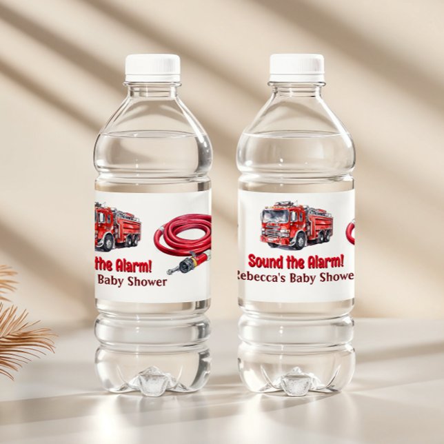 Sound the Alarm Red Fire Truck Boy Baby Shower  Water Bottle Label (Creator Uploaded)